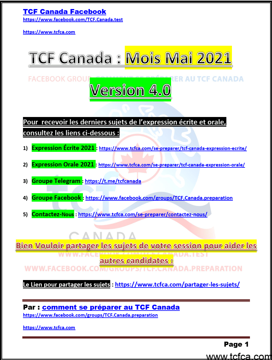TCF Canada Sujets de Mai 2021 Expression Écrite et Orale