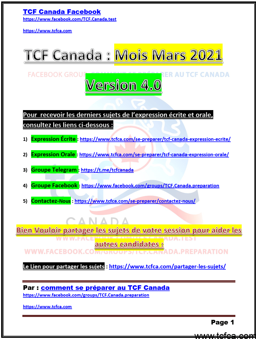TCF Canada Sujets de Mars 2021 Expression Écrite et Orale